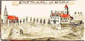 Kirch und Schlos zu Mlkau - Koci i zamek, widok oglny